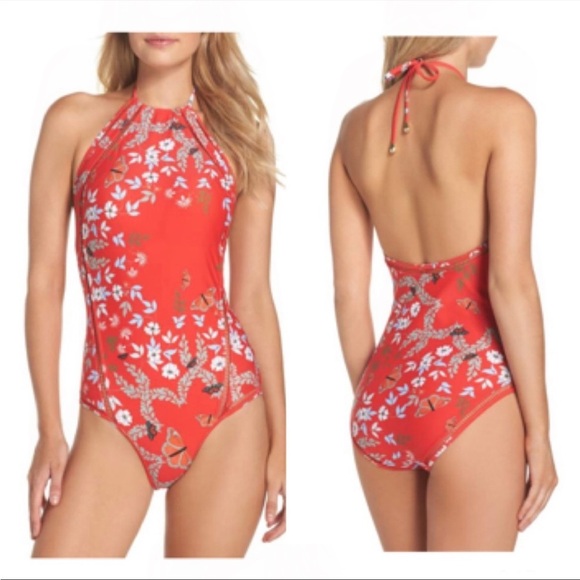 Ted Baker Red Kyoto Floral Butterfly Print One-piece Halter Open Back Swimsuit - Picture 13 of 15